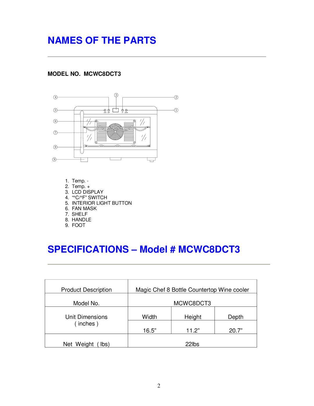 Magic Chef instruction manual Names of the Parts, Specifications Model # MCWC8DCT3 