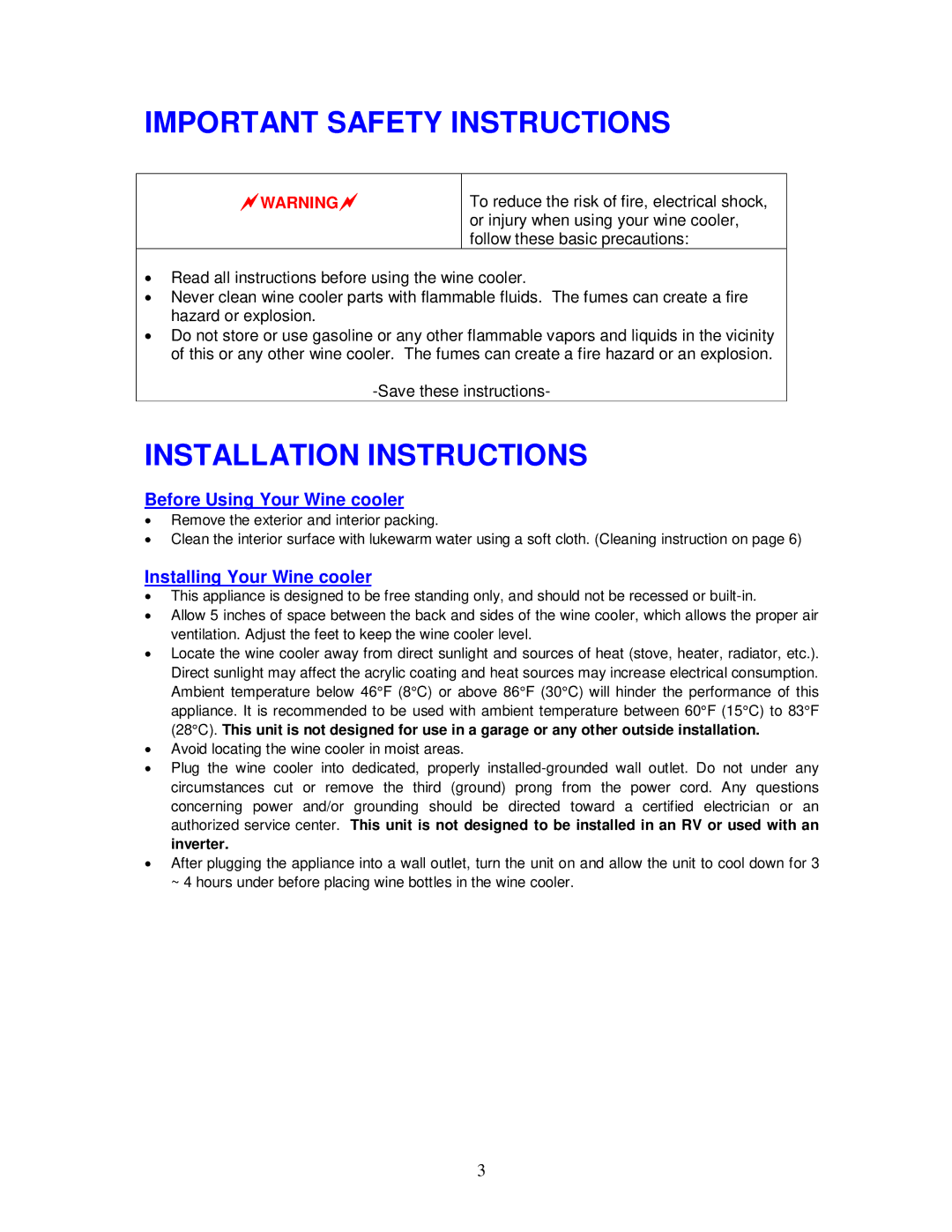 Magic Chef MCWC8DCT3 Important Safety Instructions, Installation Instructions, Before Using Your Wine cooler 