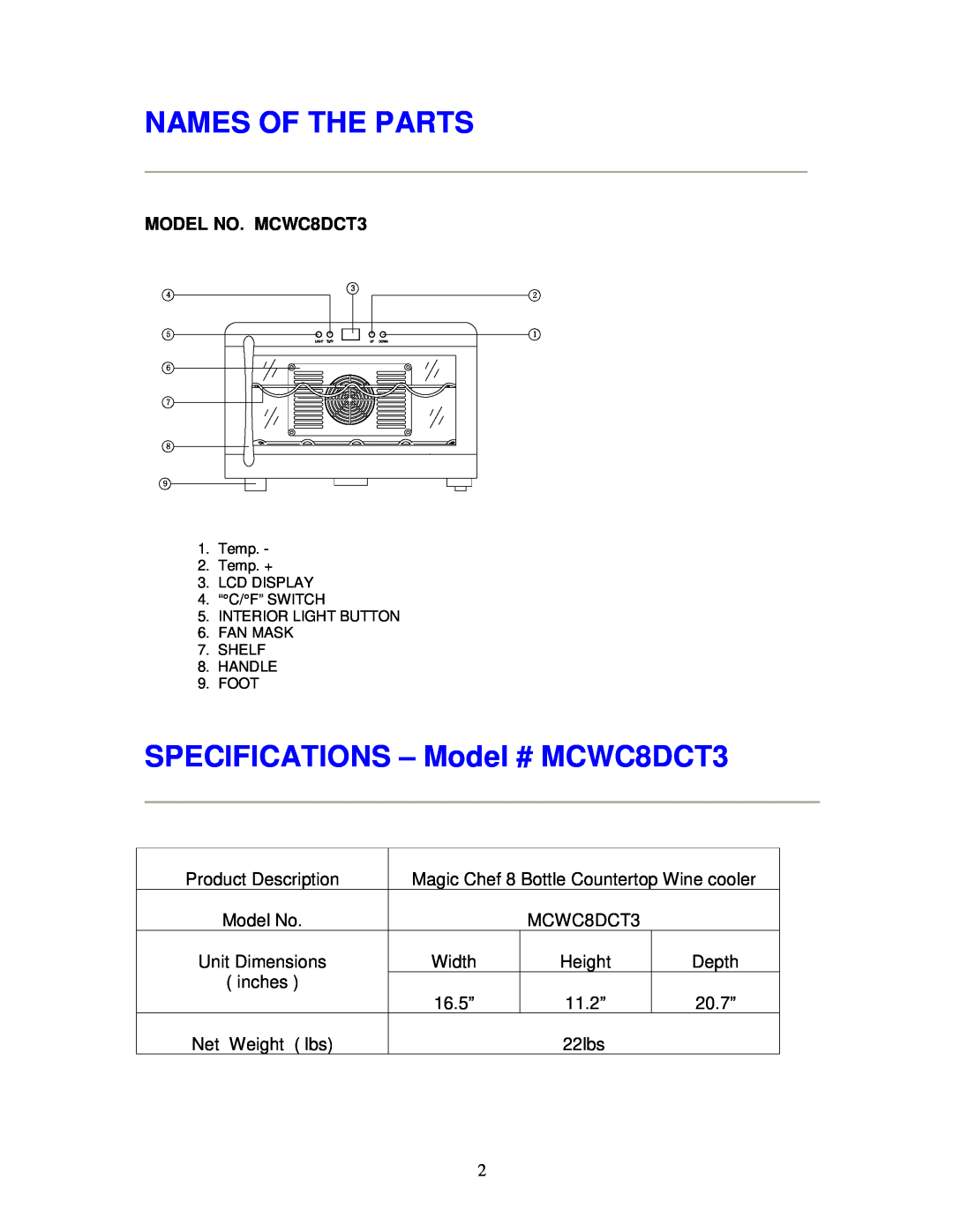 Magic Chef instruction manual Names Of The Parts, SPECIFICATIONS - Model # MCWC8DCT3, MODEL NO. MCWC8DCT3 
