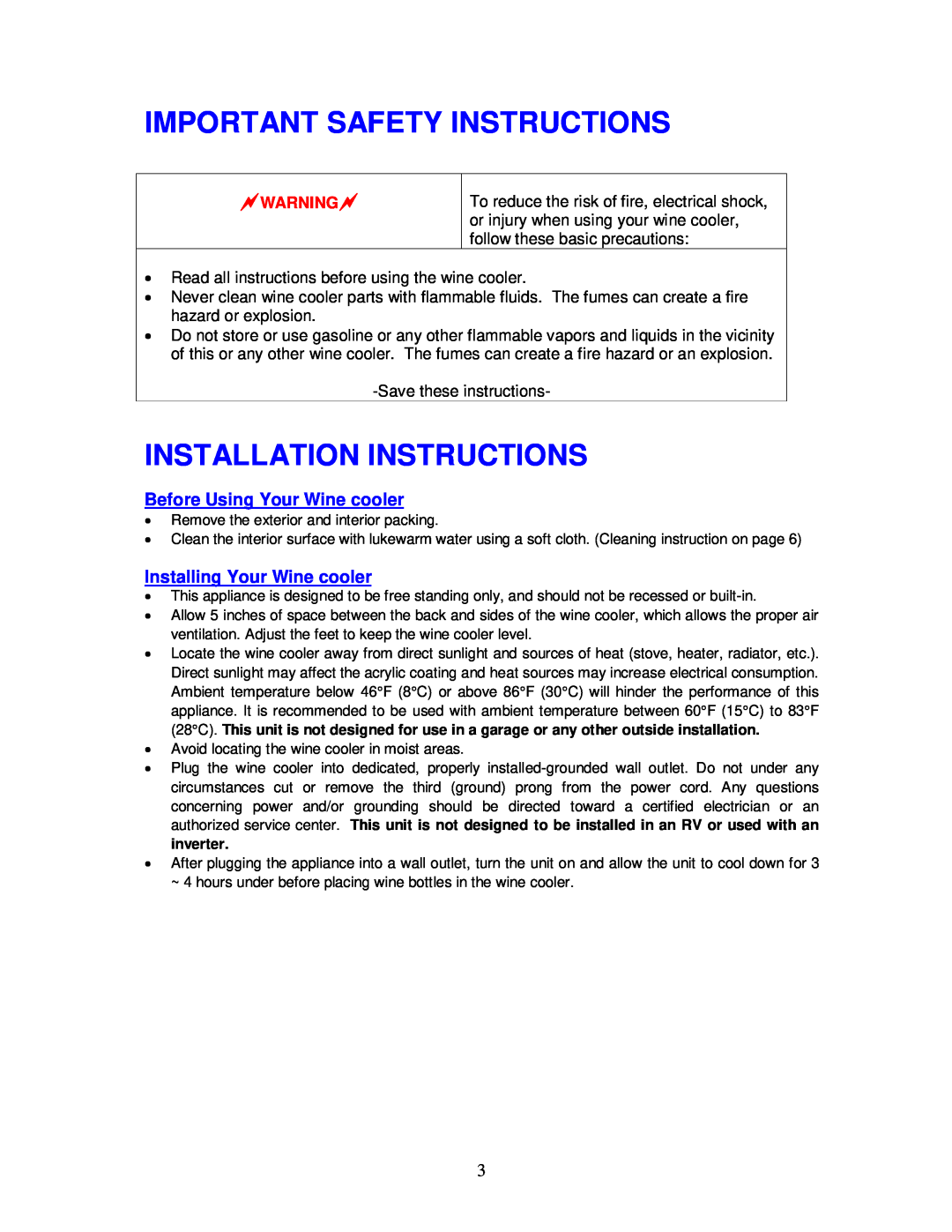 Magic Chef MCWC8DCT3 Important Safety Instructions, Installation Instructions, Before Using Your Wine cooler, Warning 
