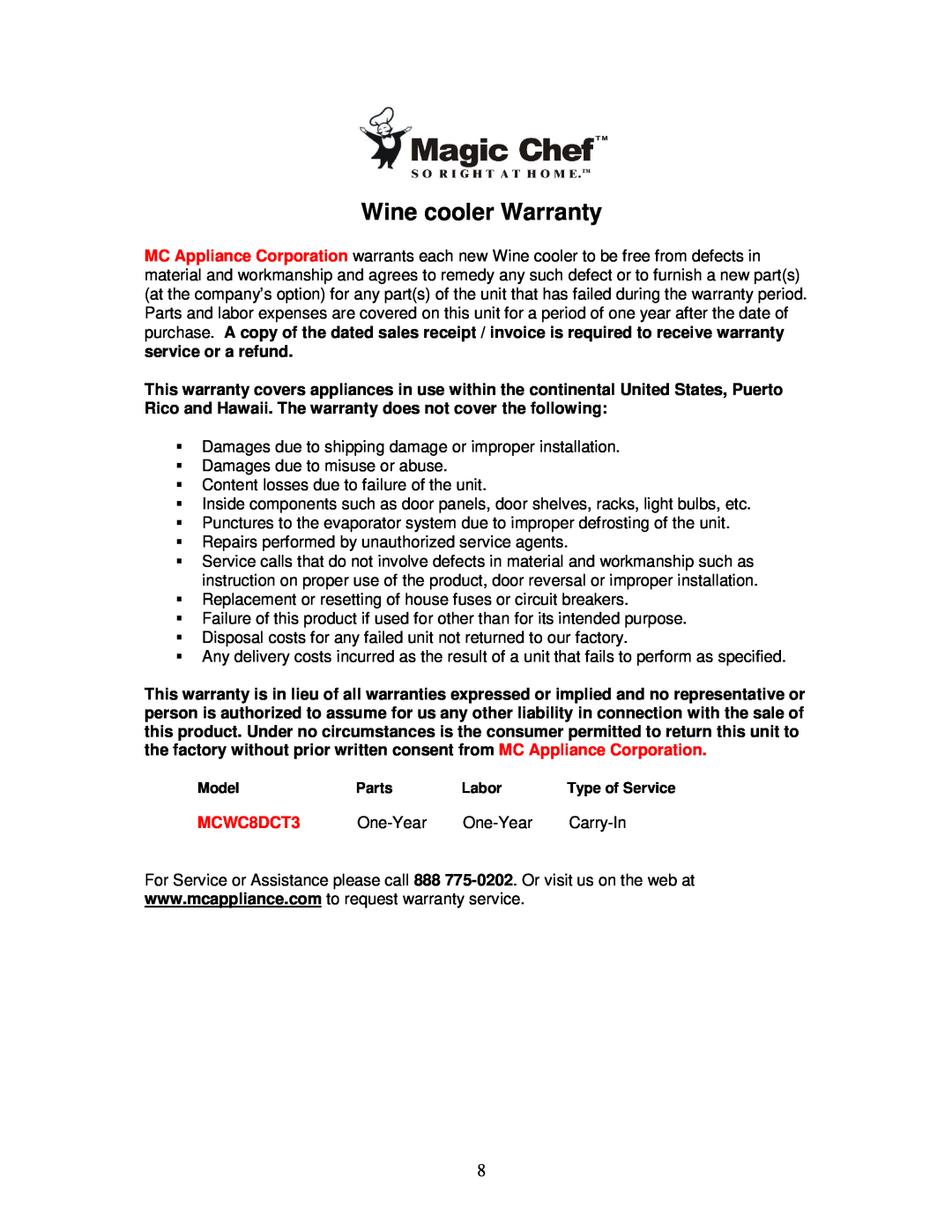 Magic Chef MCWC8DCT3 instruction manual Wine cooler Warranty 