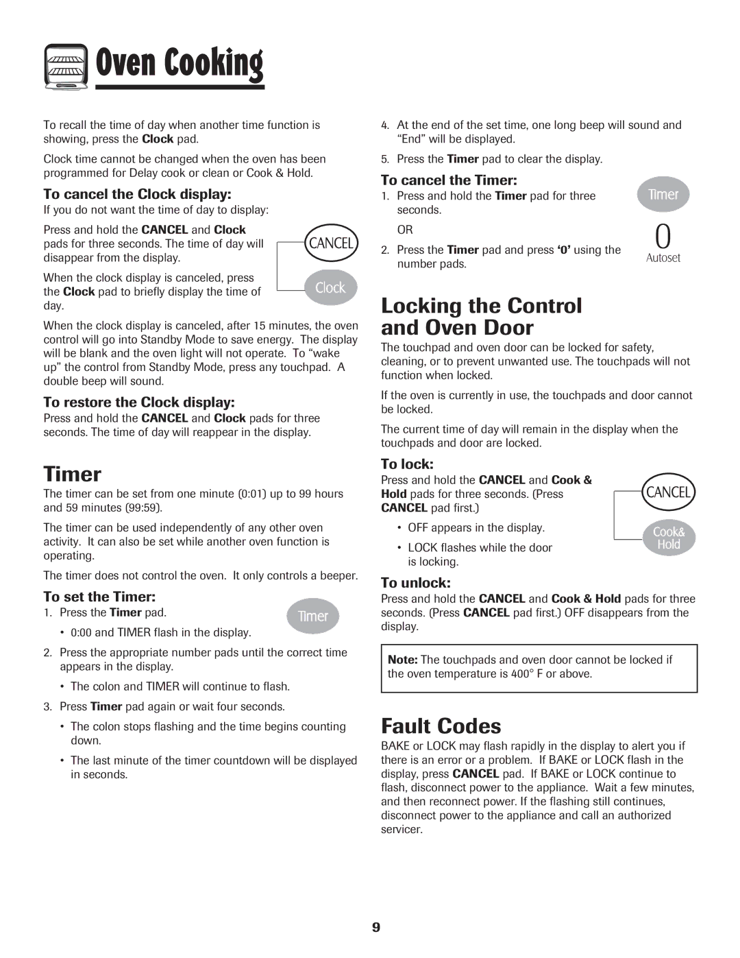 Magic Chef MEP5775BAF warranty Timer, Locking the Control Oven Door, Fault Codes 