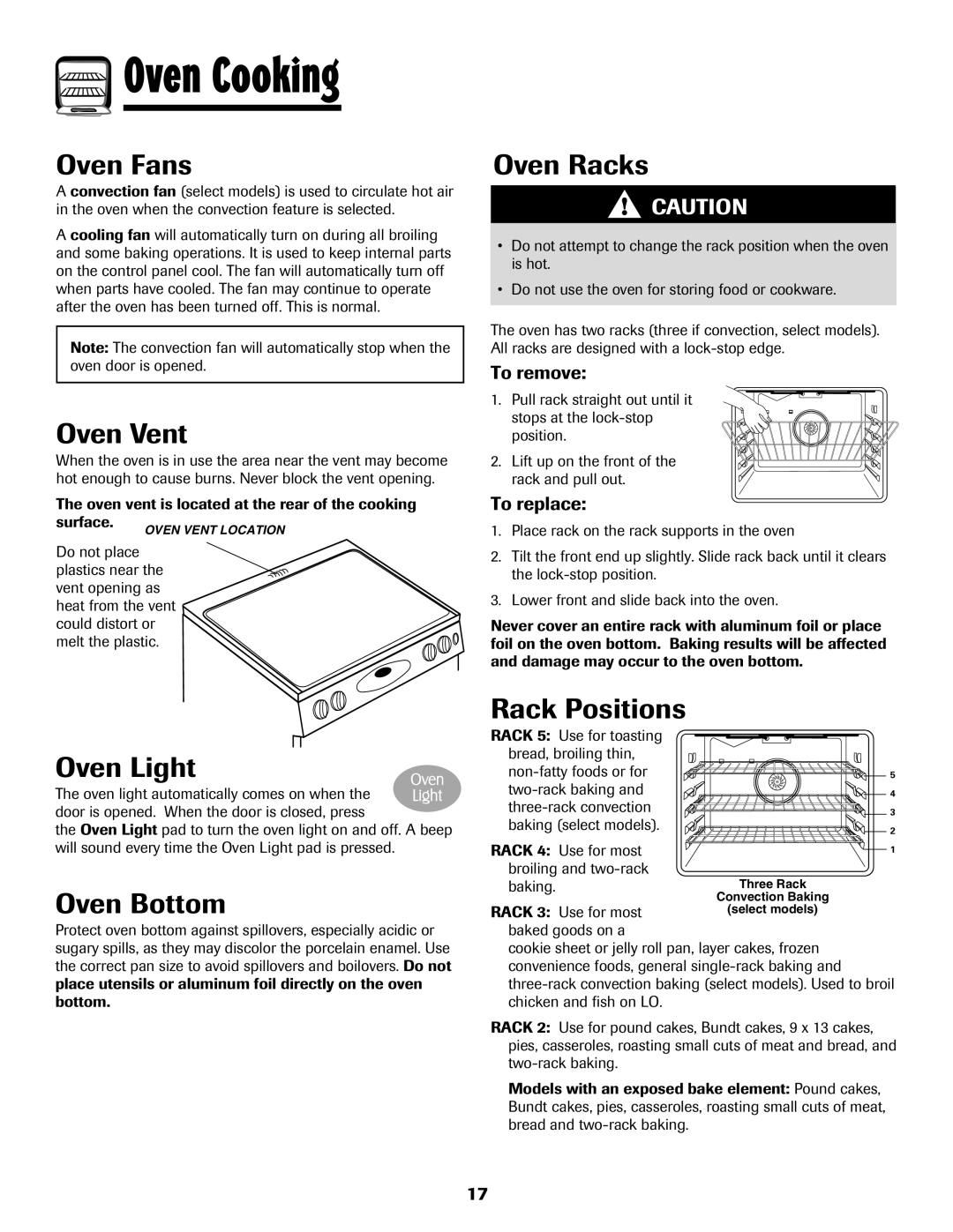 Magic Chef MEP5775BAF warranty Oven Fans, Oven Vent, Oven Light, Oven Bottom, Oven Racks, Rack Positions 