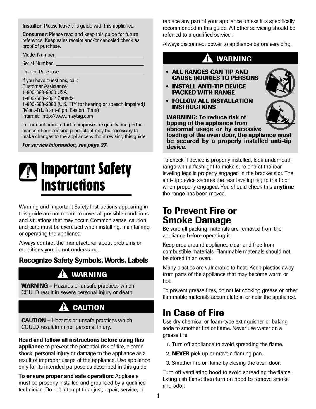 Magic Chef MEP5775BAF Instructions, To Prevent Fire or Smoke Damage, Case of Fire, Recognize Safety Symbols, Words, Labels 