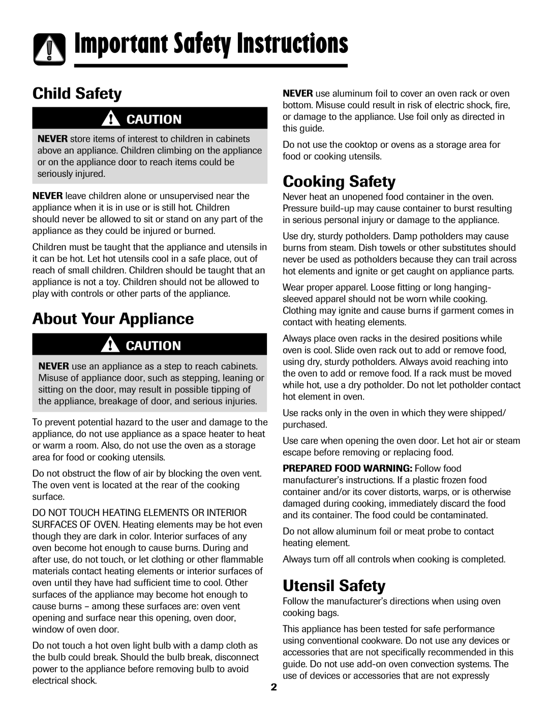 Magic Chef MEP5775BAF Important Safety Instructions, Child Safety, About Your Appliance, Cooking Safety, Utensil Safety 