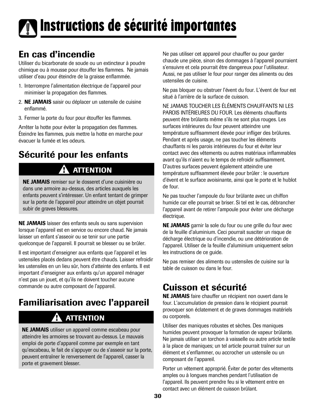 Magic Chef MEP5775BAF En cas d’incendie, Sécurité pour les enfants, Familiarisation avec l’appareil, Cuisson et sécurité 