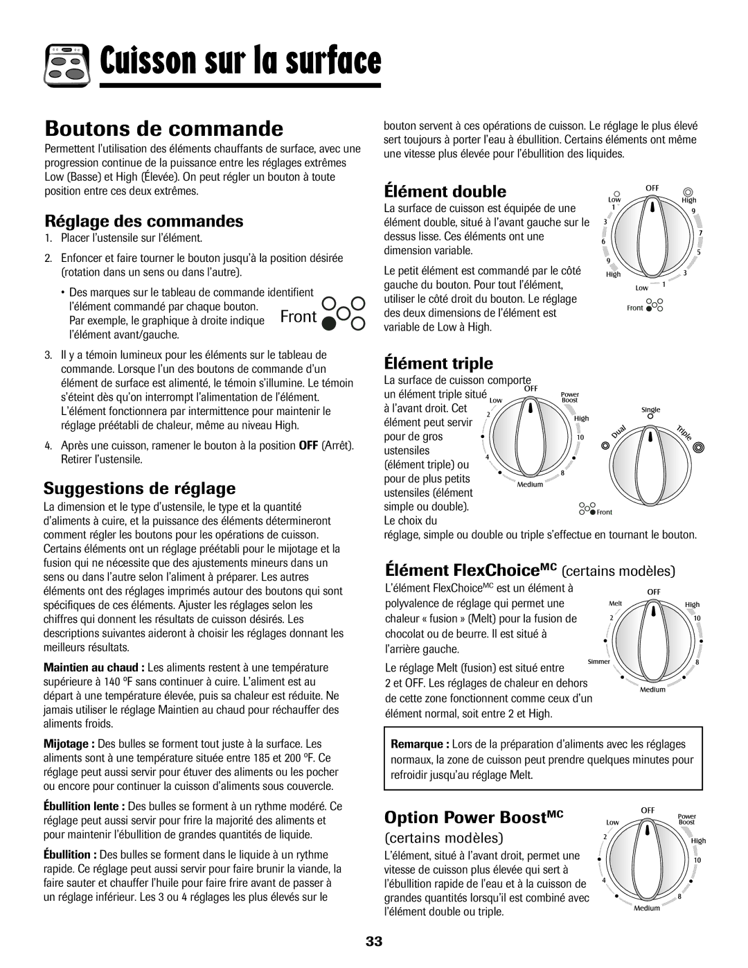 Magic Chef MEP5775BAF warranty Cuisson sur la surface, Boutons de commande 