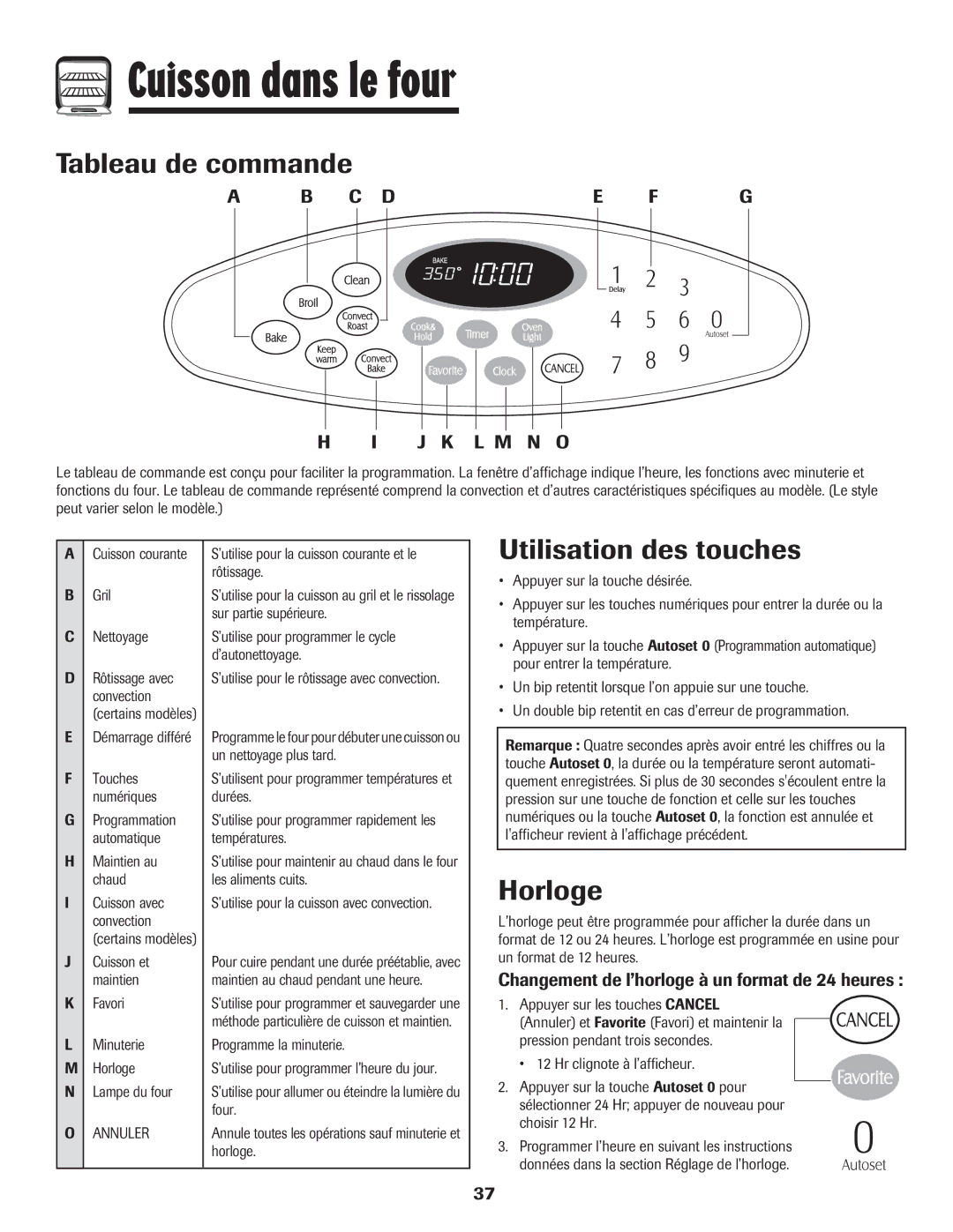 Magic Chef MEP5775BAF warranty Cuisson dans le four, Tableau de commande, Utilisation des touches, Horloge 