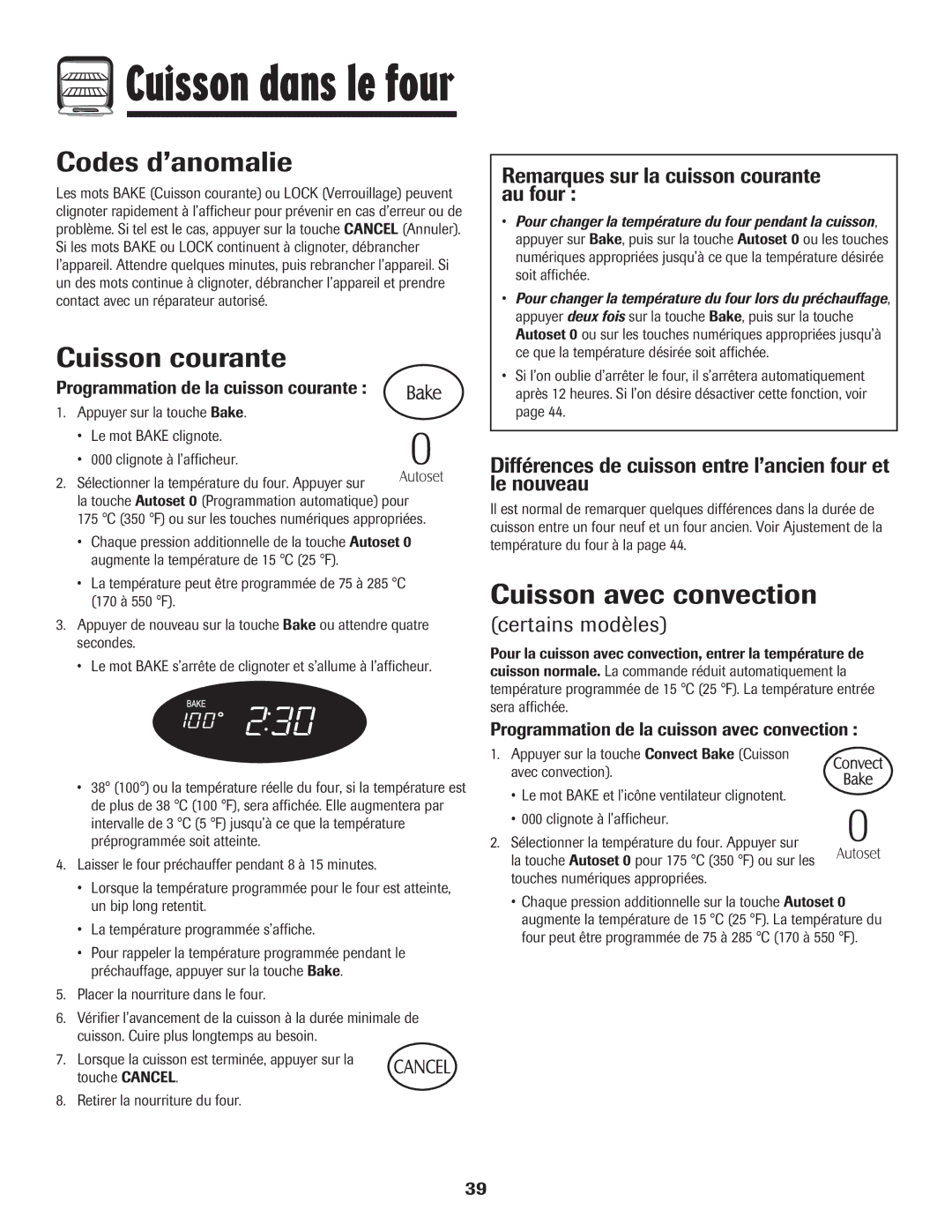 Magic Chef MEP5775BAF warranty Codes d’anomalie, Cuisson courante, Cuisson avec convection 