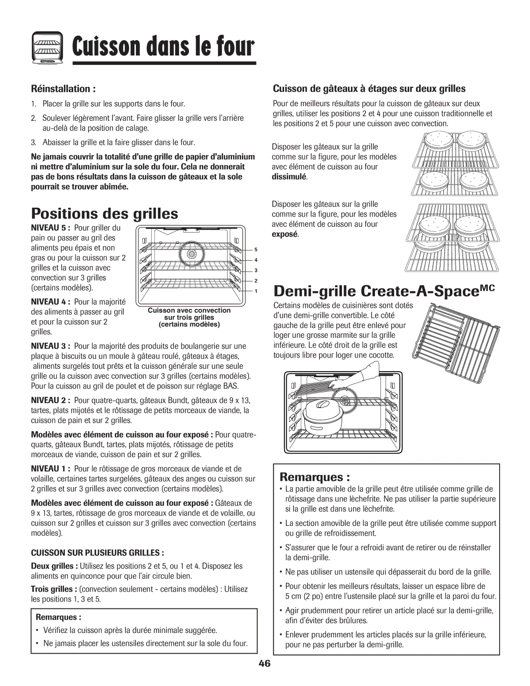 Magic Chef MEP5775BAF warranty Positions des grilles, Demi-grille Create-A-SpaceMC, Remarques, Réinstallation 