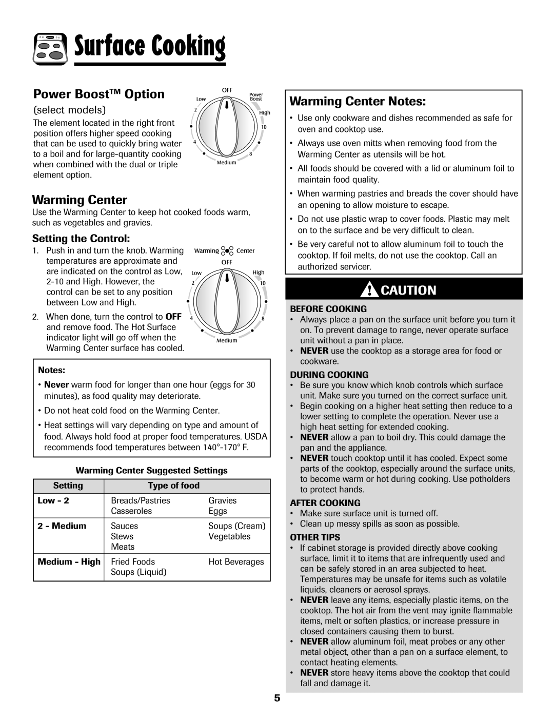 Magic Chef MEP5775BAF warranty Power BoostTM Option, Warming Center Notes, Select models, Setting the Control 