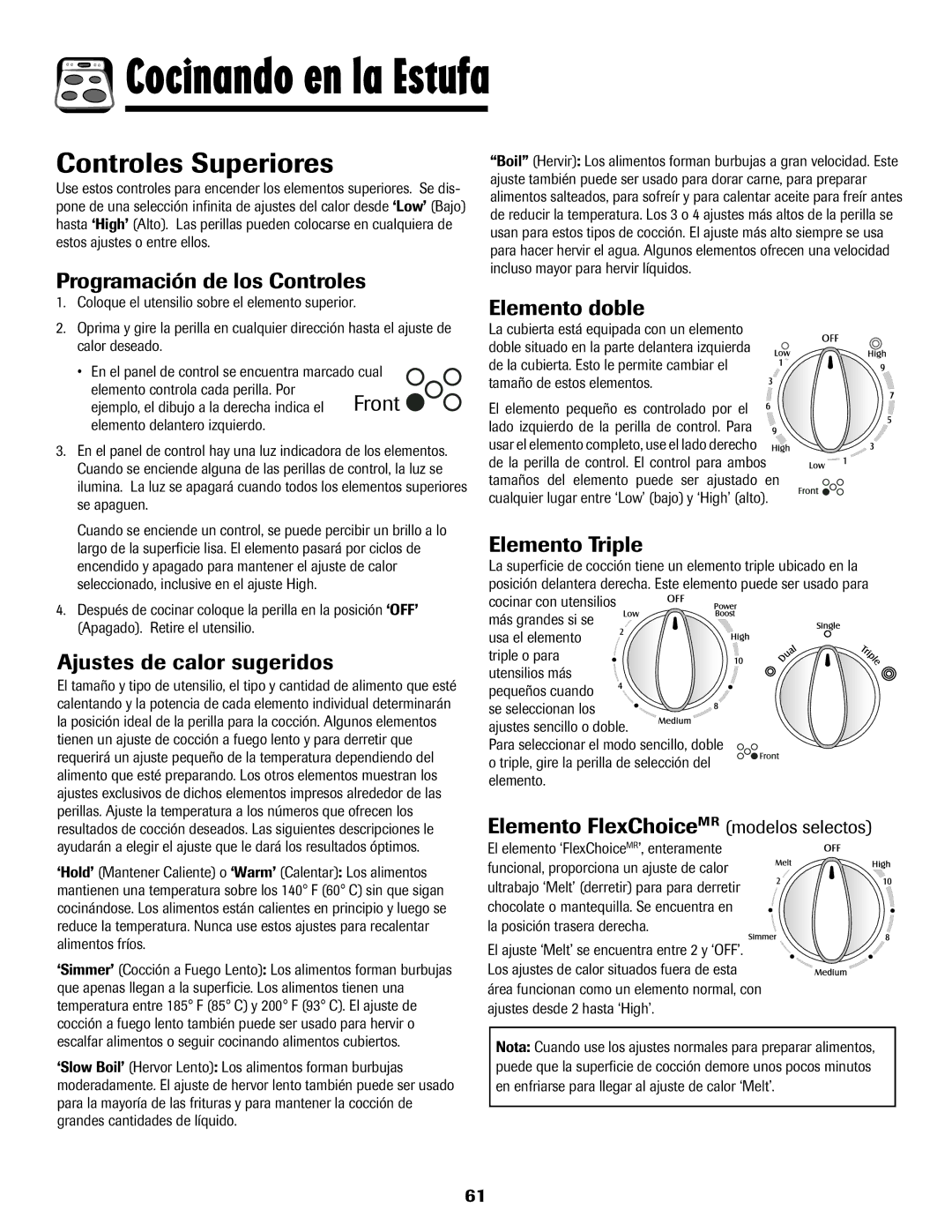 Magic Chef MEP5775BAF warranty Cocinando en la Estufa, Controles Superiores 