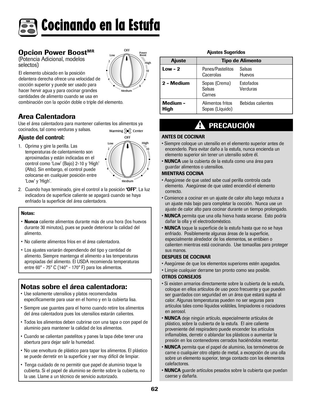 Magic Chef MEP5775BAF warranty Area Calentadora, Notas sobre el área calentadora, Ajuste del control 