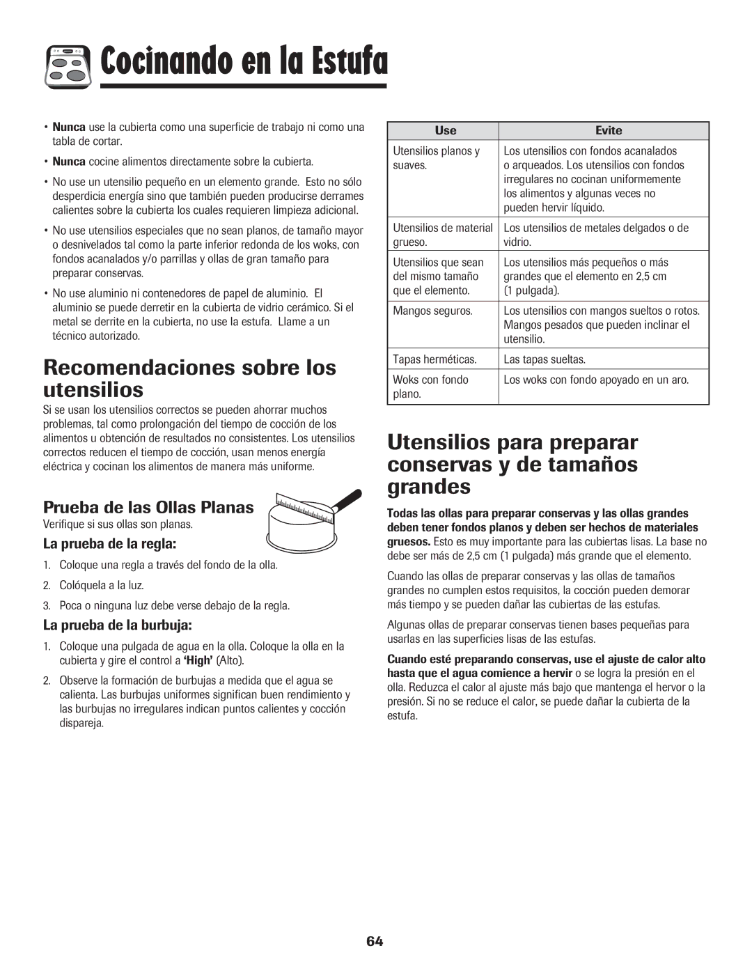 Magic Chef MEP5775BAF Recomendaciones sobre los utensilios, Utensilios para preparar conservas y de tamaños grandes 