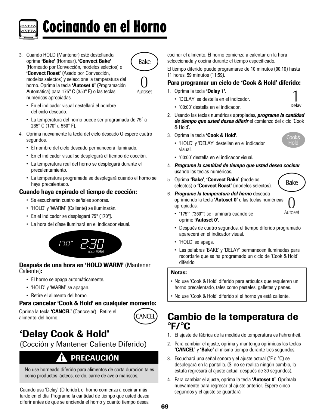 Magic Chef MEP5775BAF warranty ‘Delay Cook & Hold’, Cambio de la temperatura de F/C, Cocción y Mantener Caliente Diferido 