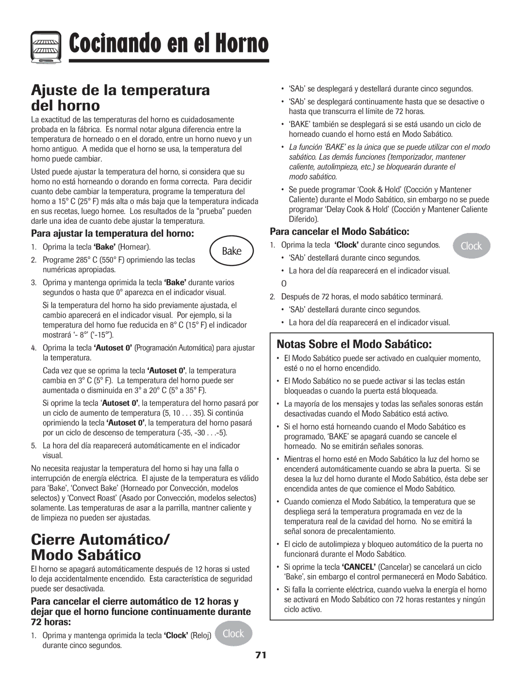 Magic Chef MEP5775BAF Ajuste de la temperatura del horno, Cierre Automático Modo Sabático, Notas Sobre el Modo Sabático 