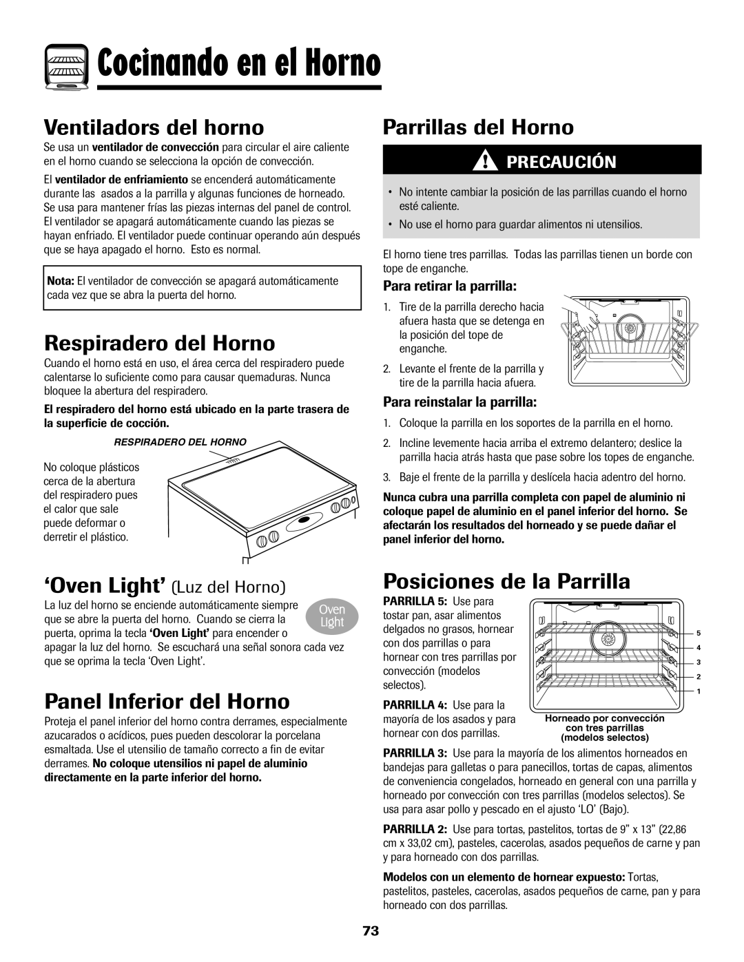 Magic Chef MEP5775BAF warranty Ventiladors del horno, Respiradero del Horno, Parrillas del Horno, Posiciones de la Parrilla 