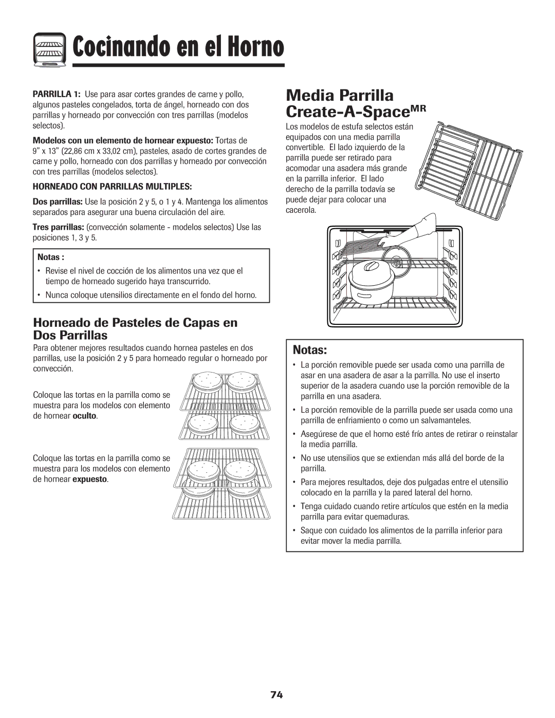 Magic Chef MEP5775BAF warranty Media Parrilla Create-A-SpaceMR, Horneado de Pasteles de Capas en Dos Parrillas, Notas 