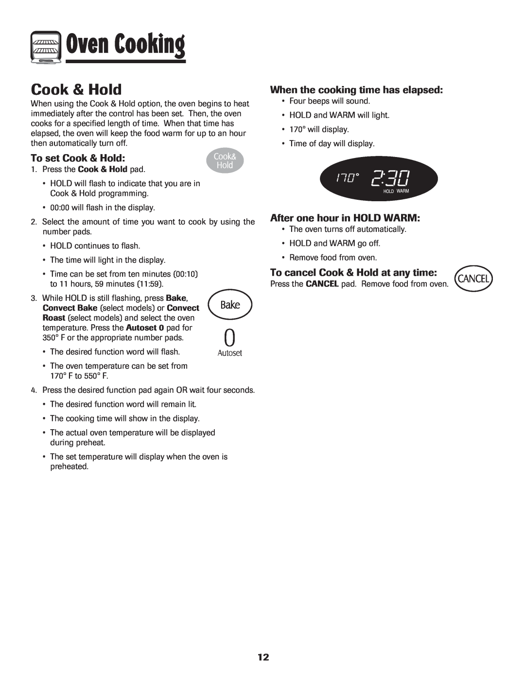 Magic Chef MEP5775BAF To set Cook & Hold, When the cooking time has elapsed, After one hour in HOLD WARM, Oven Cooking 