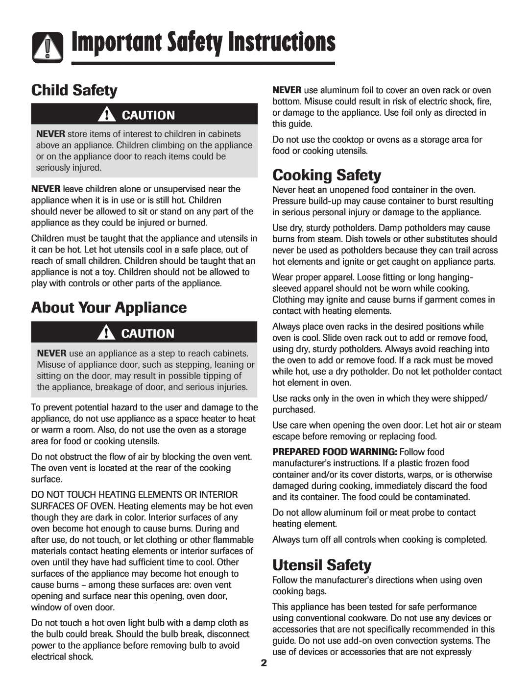 Magic Chef MEP5775BAF Important Safety Instructions, Child Safety, About Your Appliance, Cooking Safety, Utensil Safety 