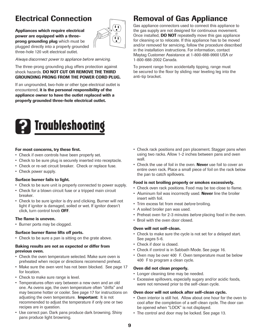 Magic Chef MGR5765QDW important safety instructions Troubleshooting, Electrical Connection, Removal of Gas Appliance 