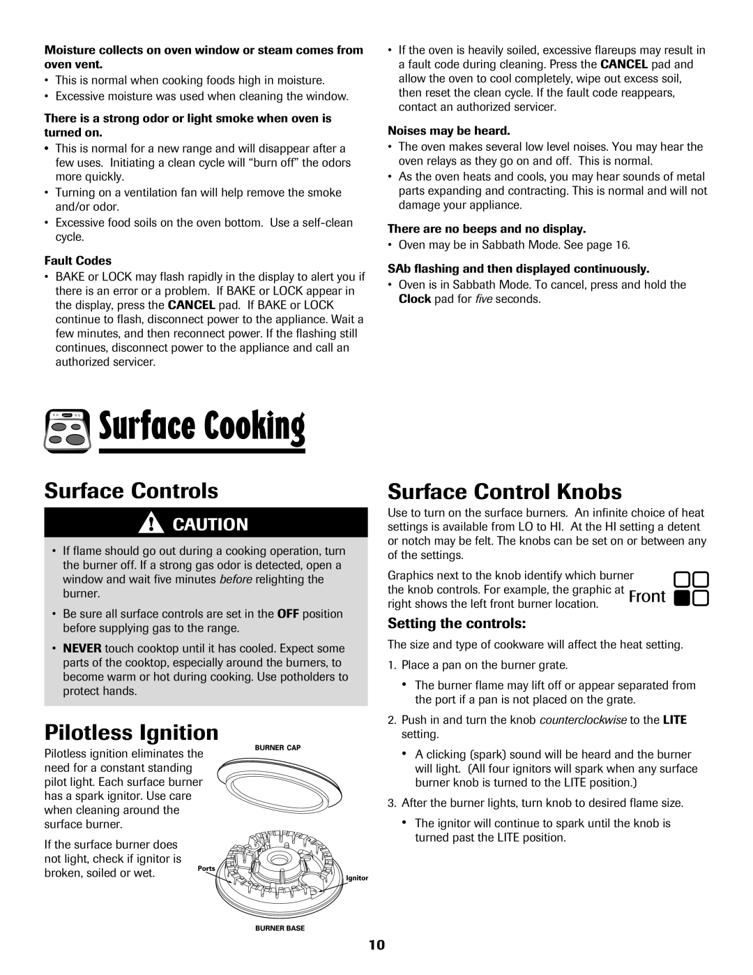 Magic Chef MGR5765QDW Surface Controls, Pilotless Ignition, Surface Control Knobs, Setting the controls 