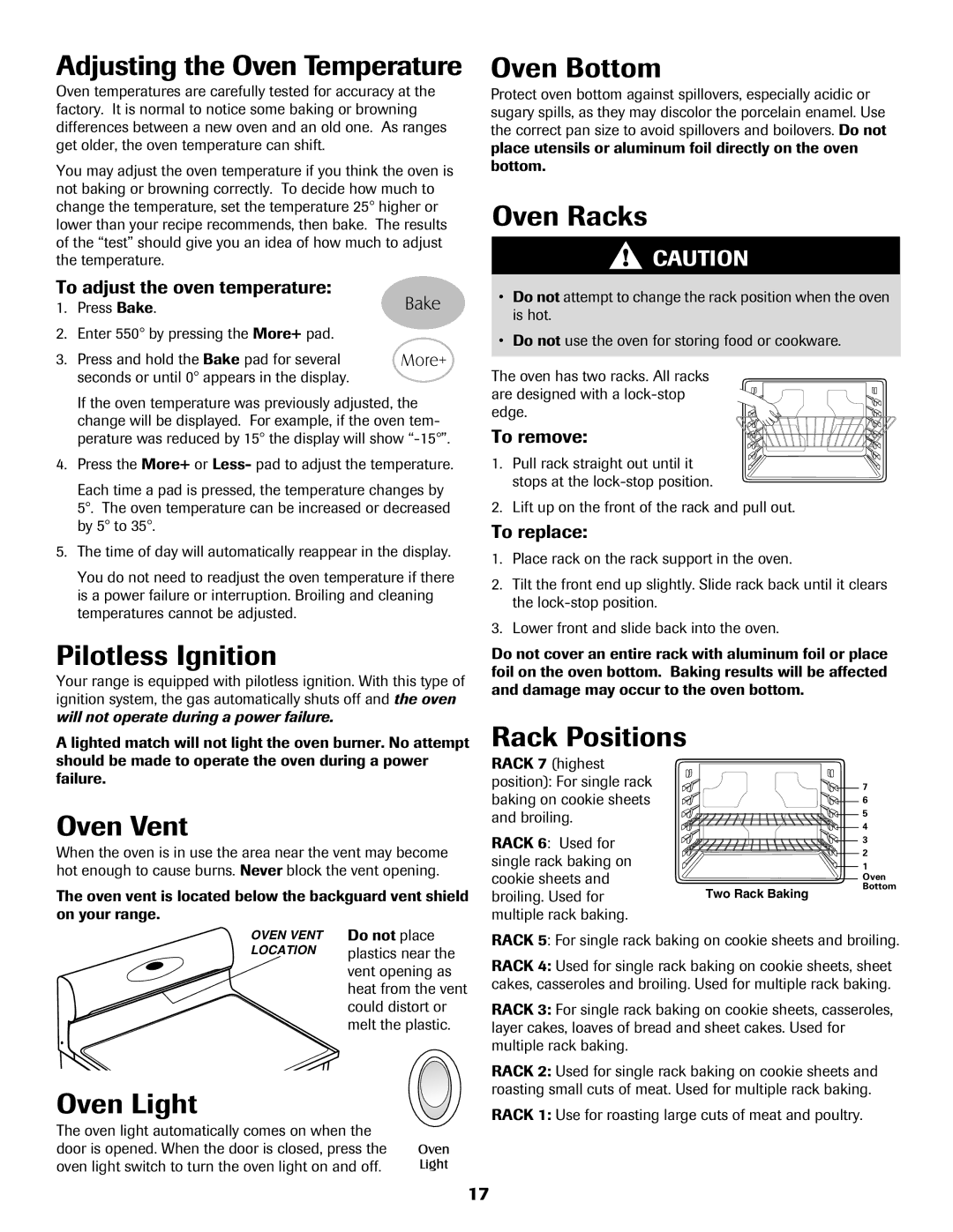 Magic Chef MGR5765QDW Adjusting the Oven Temperature, Oven Bottom, Oven Racks, Oven Vent, Rack Positions 