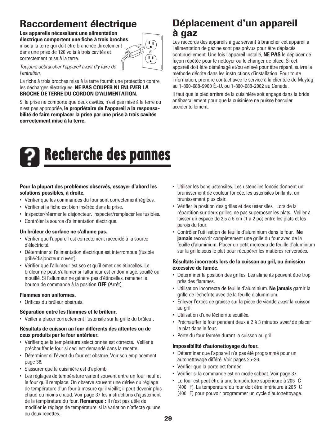 Magic Chef MGR5765QDW Recherche des pannes, Raccordement électrique, Déplacement d’un appareil à gaz 