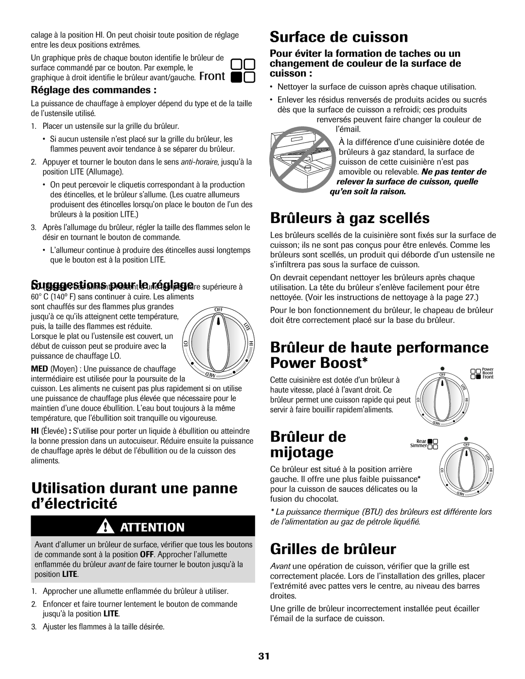 Magic Chef MGR5765QDW Utilisation durant une panne d’électricité, Surface de cuisson, Brûleurs à gaz scellés 