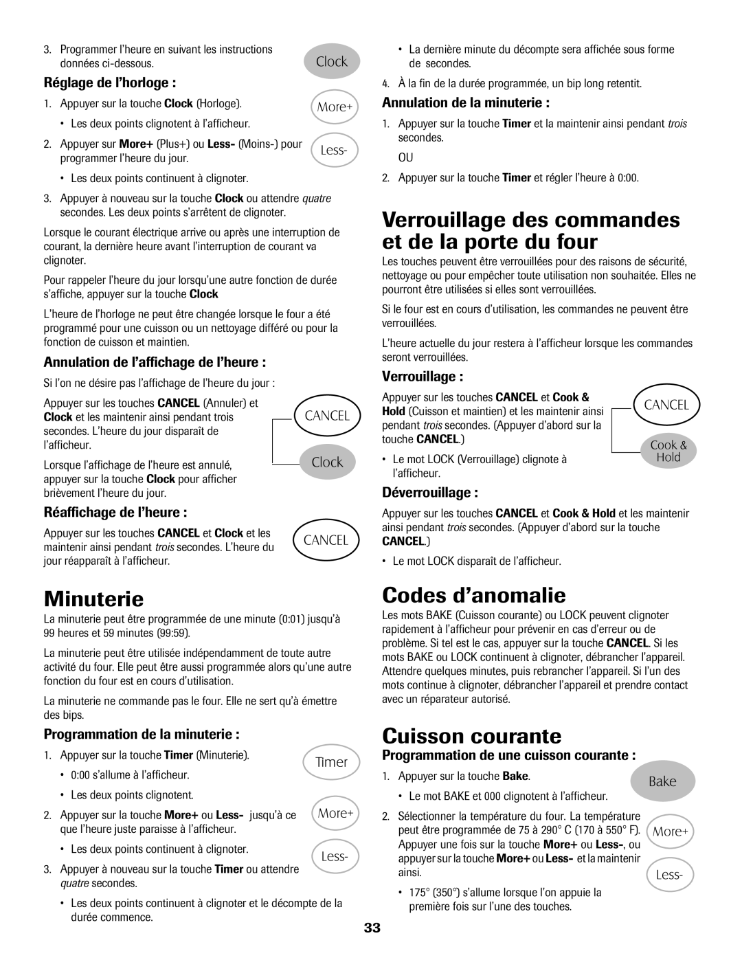 Magic Chef MGR5765QDW Verrouillage des commandes et de la porte du four, Minuterie, Codes d’anomalie, Cuisson courante 