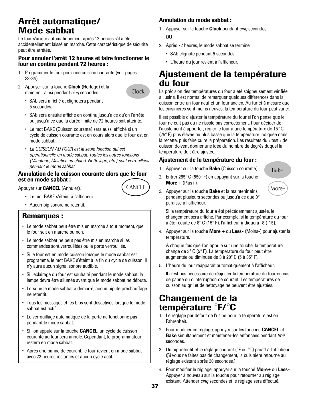 Magic Chef MGR5765QDW Arrêt automatique Mode sabbat, Ajustement de la température du four, Annulation du mode sabbat 