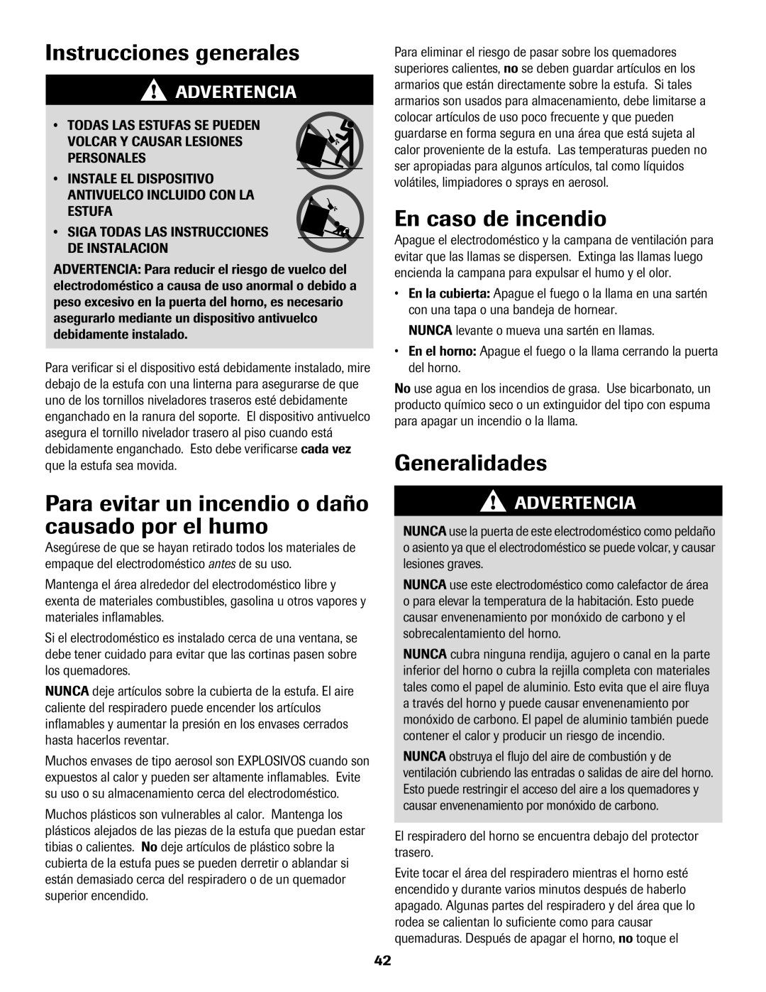 Magic Chef MGR5765QDW Instrucciones generales, Para evitar un incendio o daño causado por el humo, En caso de incendio 