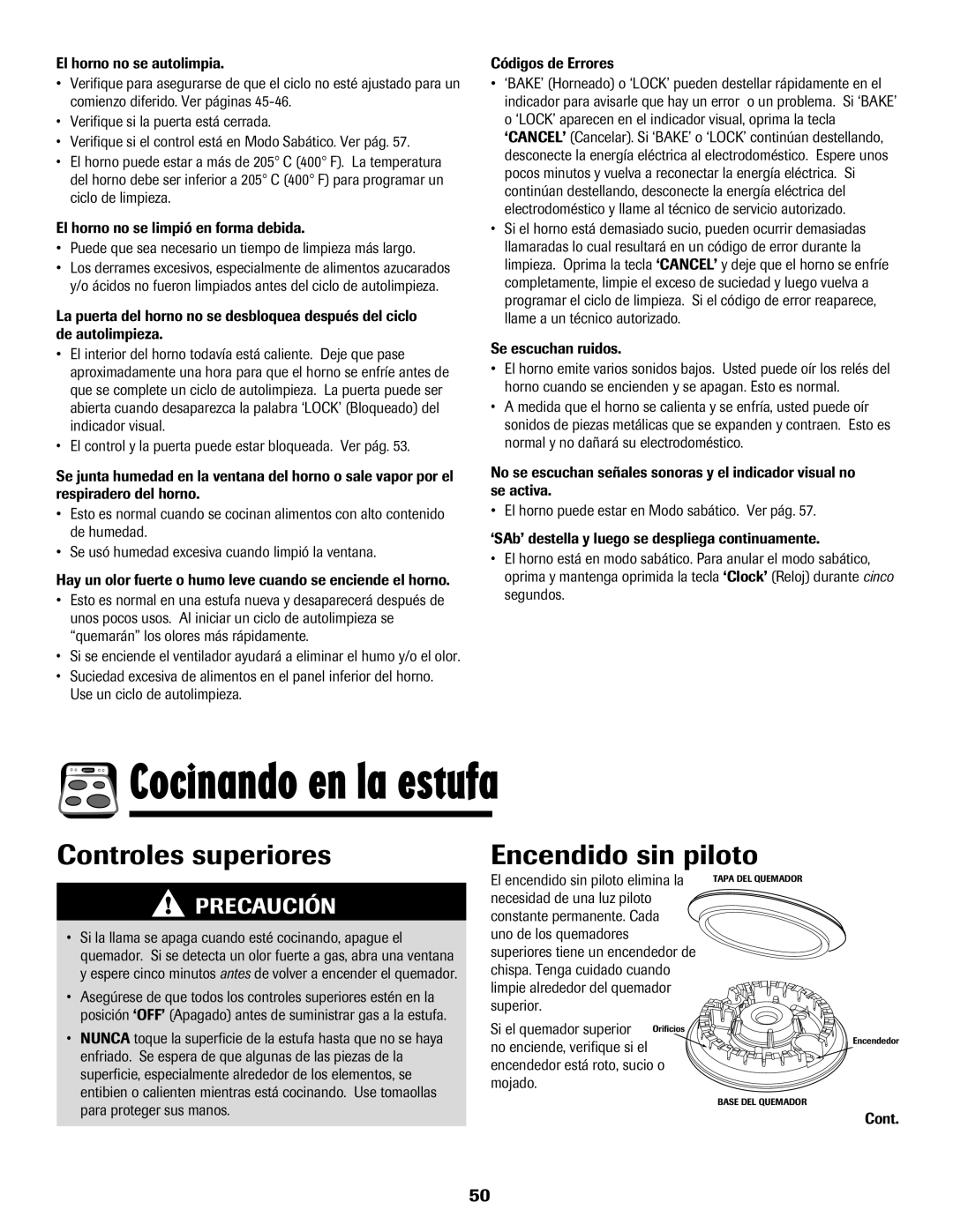 Magic Chef MGR5765QDW important safety instructions Cocinando en la estufa, Controles superiores Encendido sin piloto 