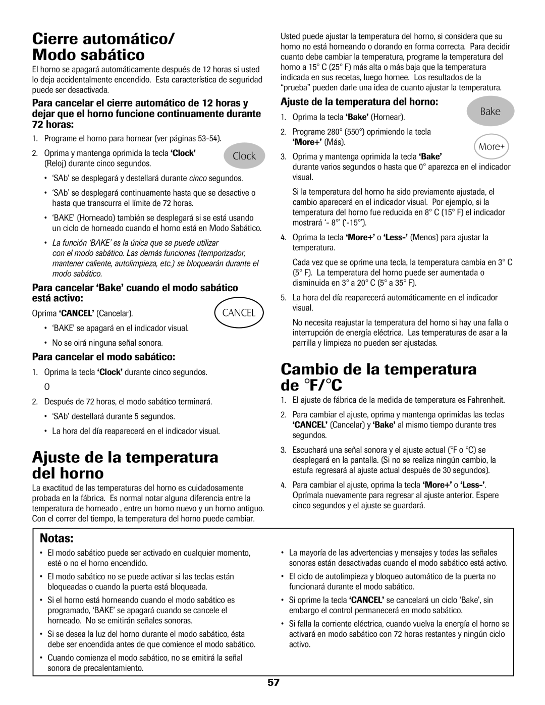 Magic Chef MGR5765QDW Cierre automático Modo sabático, Ajuste de la temperatura del horno, Cambio de la temperatura de F/C 