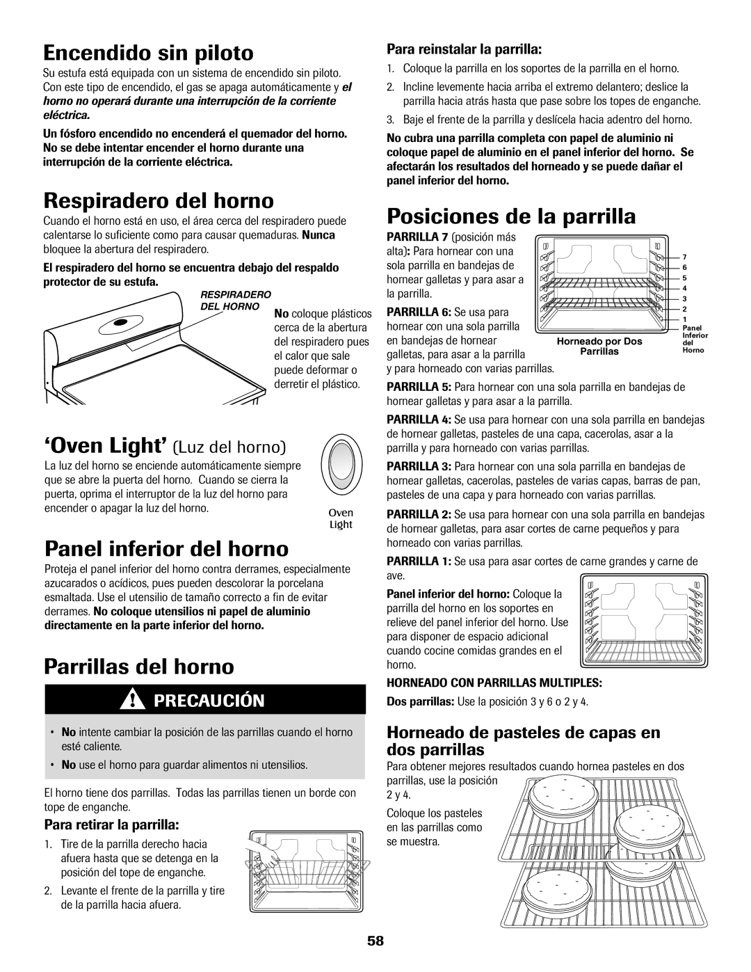 Magic Chef MGR5765QDW Respiradero del horno, Posiciones de la parrilla, Panel inferior del horno, Parrillas del horno 