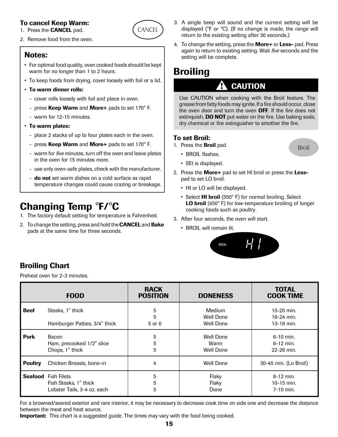 Magic Chef MGR5765QDW Changing Temp F/C, Broiling Chart, To cancel Keep Warm, To set Broil, Rack, Total, Food, Notes 
