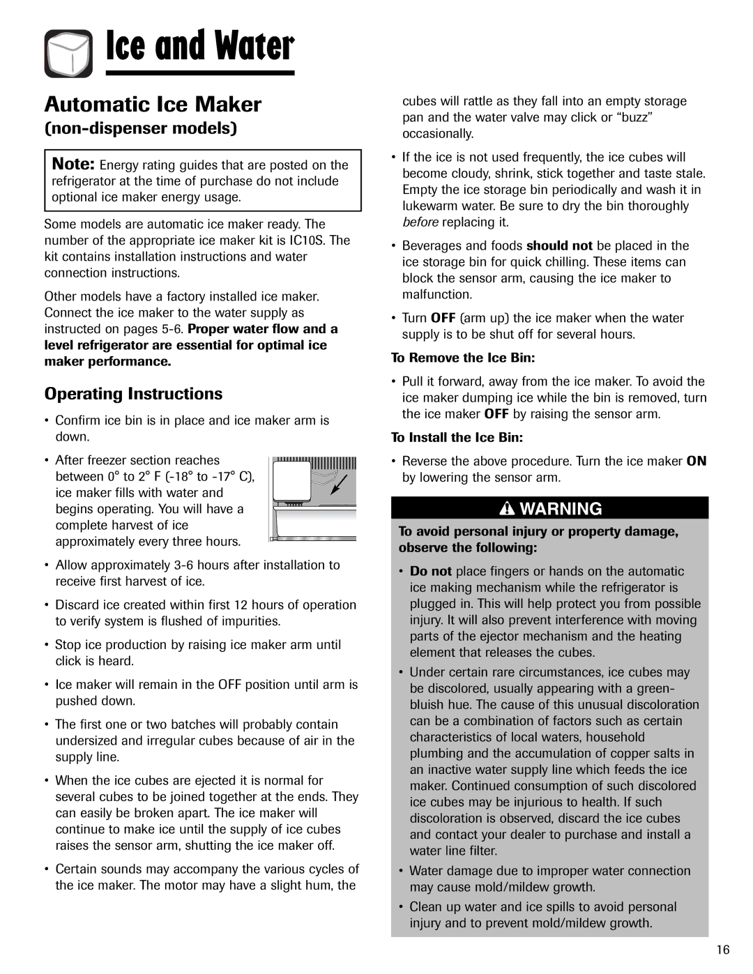 Magic Chef 12842123, MSD2641KEB Ice and Water, Automatic Ice Maker, Non-dispenser models, Operating Instructions 