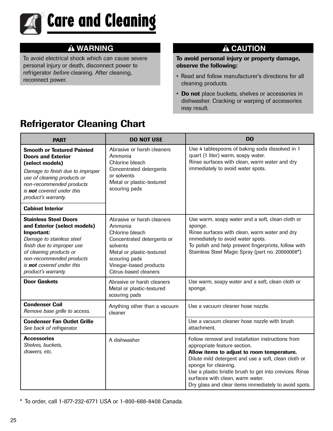 Magic Chef MSD2641KEB, 12842123 Refrigerator Cleaning Chart, To order, call 1-877-232-6771 USA or 1-800-688-8408 Canada 