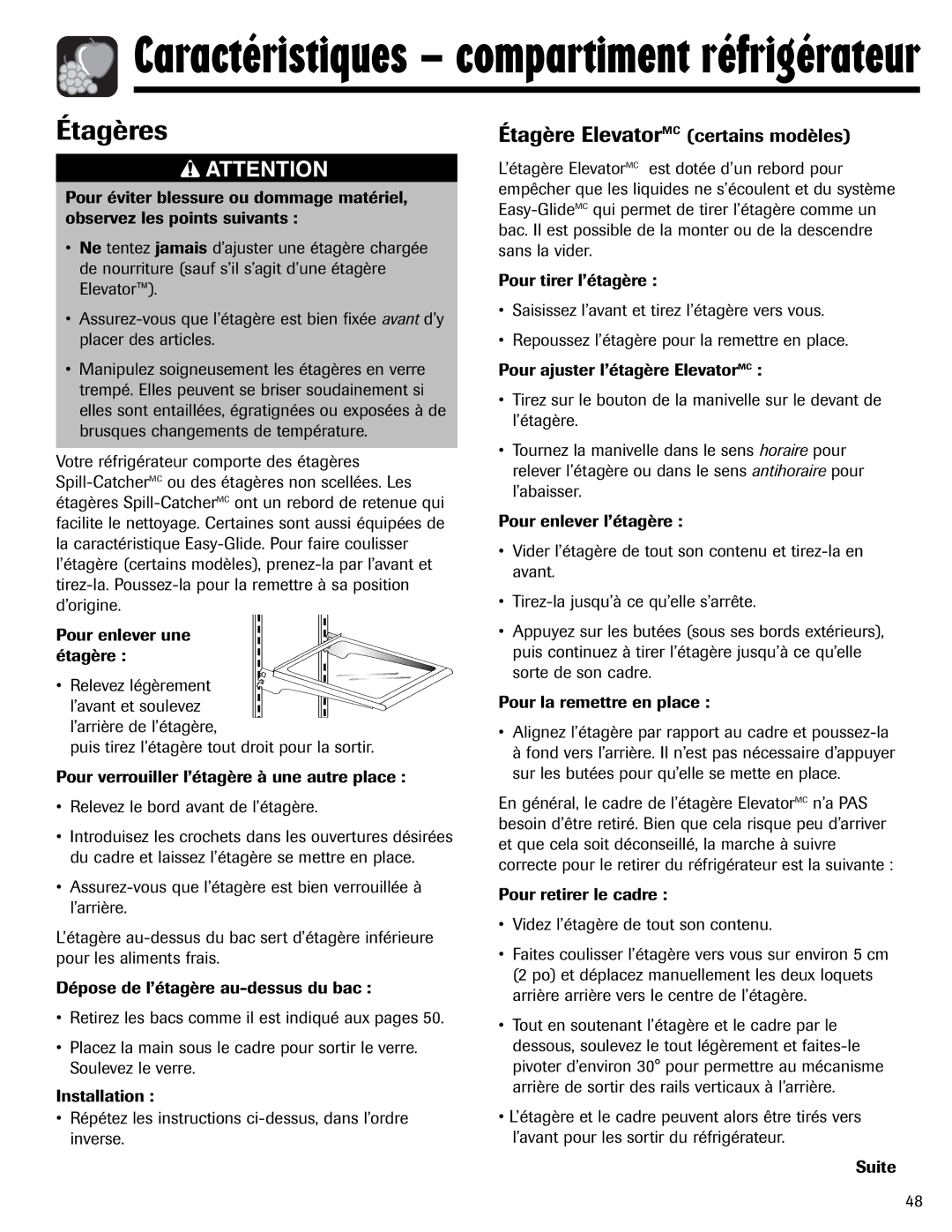 Magic Chef 12842123, MSD2641KEB important safety instructions Étagères, Étagère ElevatorMC certains modèles 