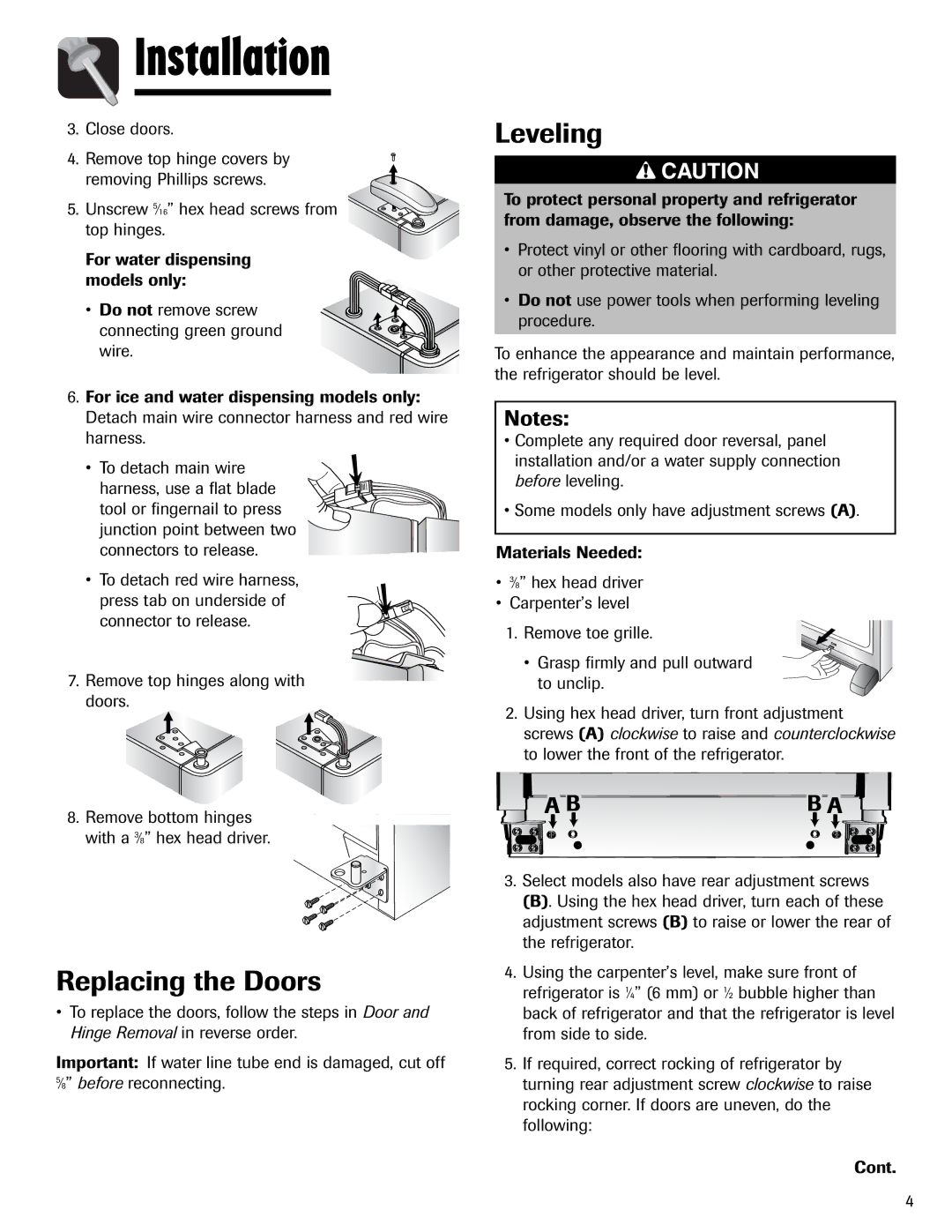 Magic Chef 12842123, MSD2641KEB important safety instructions Replacing the Doors, Leveling, Close doors 