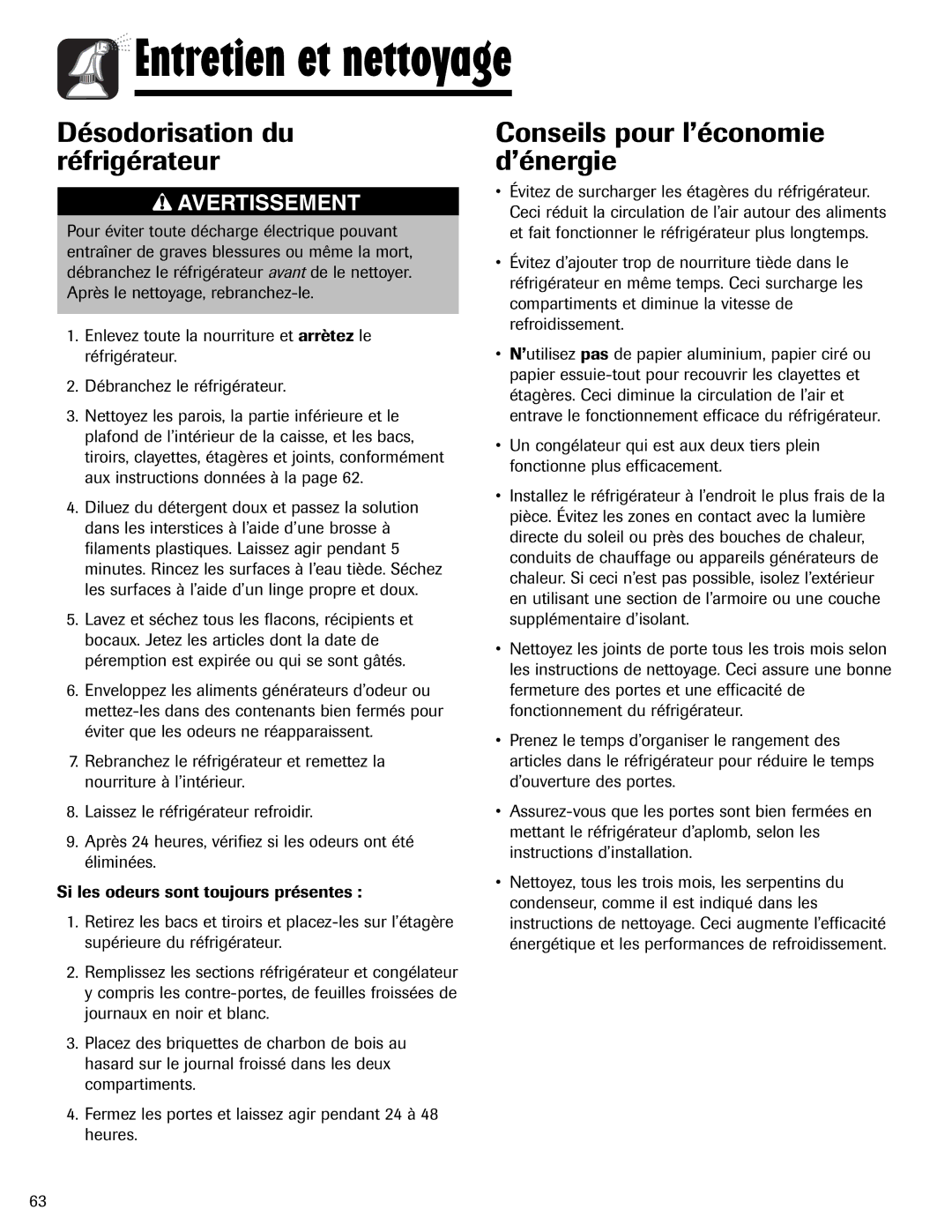 Magic Chef MSD2641KEB, 12842123 Désodorisation du réfrigérateur, Conseils pour l’économie d’énergie 