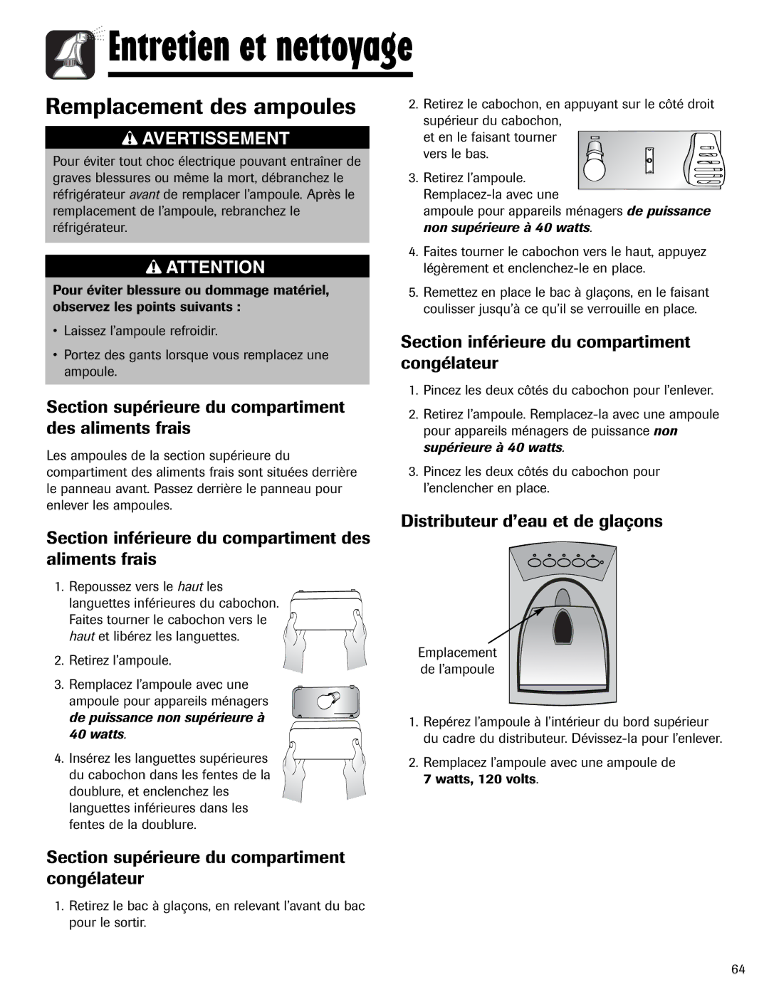 Magic Chef 12842123, MSD2641KEB important safety instructions Remplacement des ampoules 