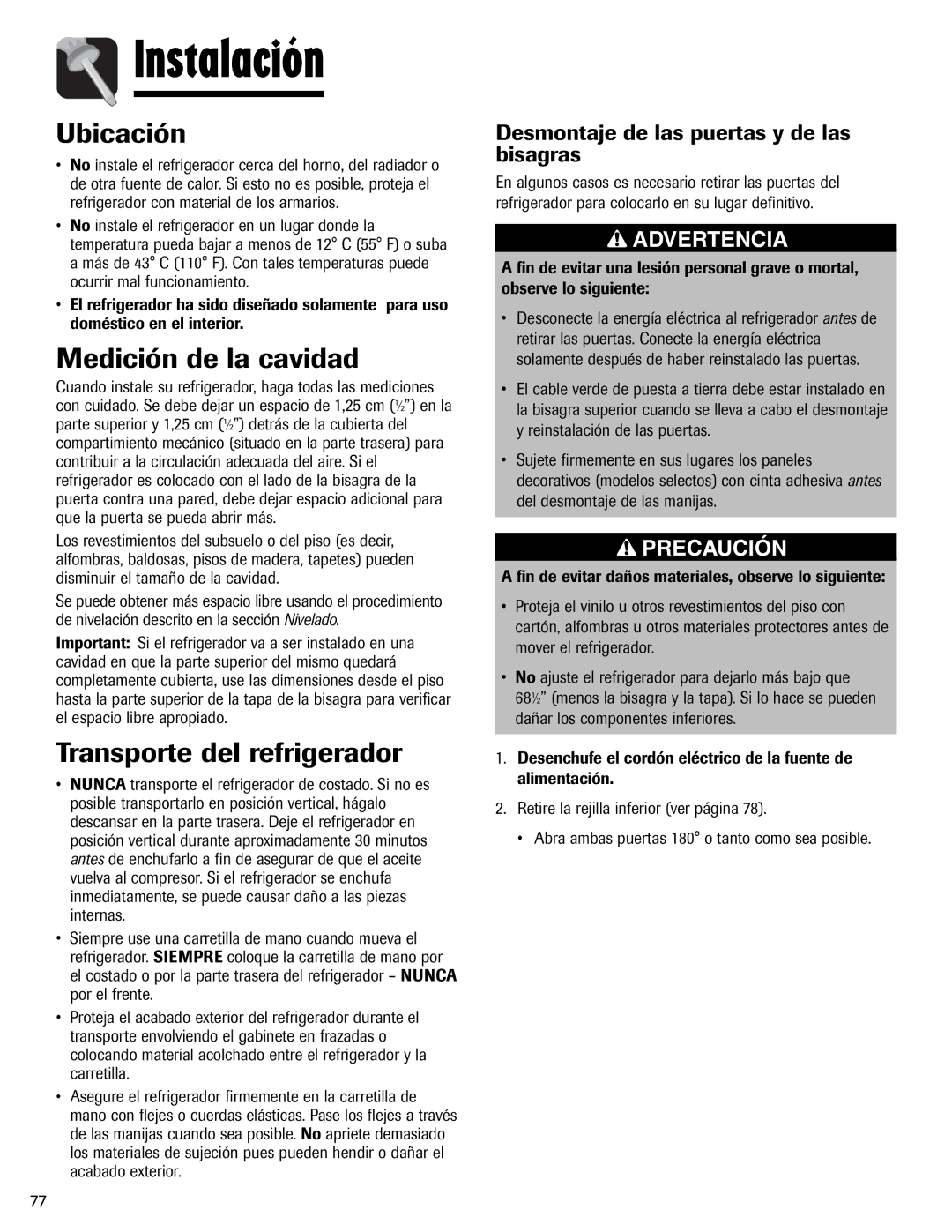 Magic Chef MSD2641KEB, 12842123 Instalación, Ubicación, Medición de la cavidad, Transporte del refrigerador 