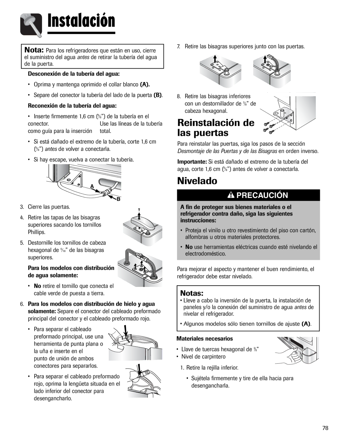 Magic Chef 12842123, MSD2641KEB important safety instructions Reinstalación de las puertas, Nivelado, Notas 