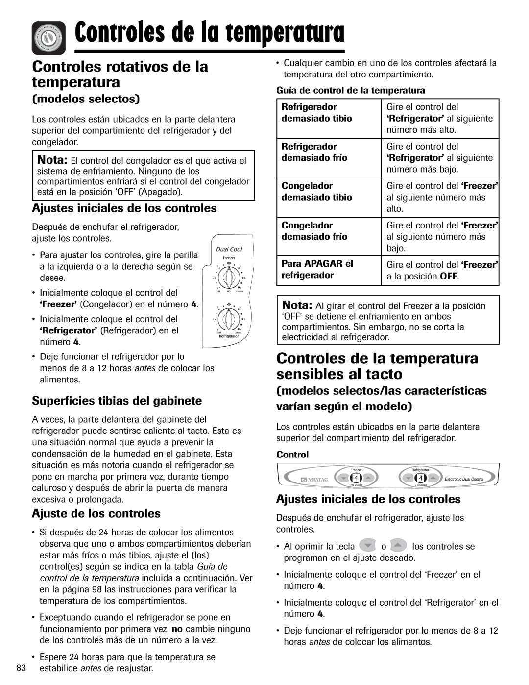 Magic Chef MSD2641KEB, 12842123 Controles de la temperatura, Controles rotativos de la temperatura 