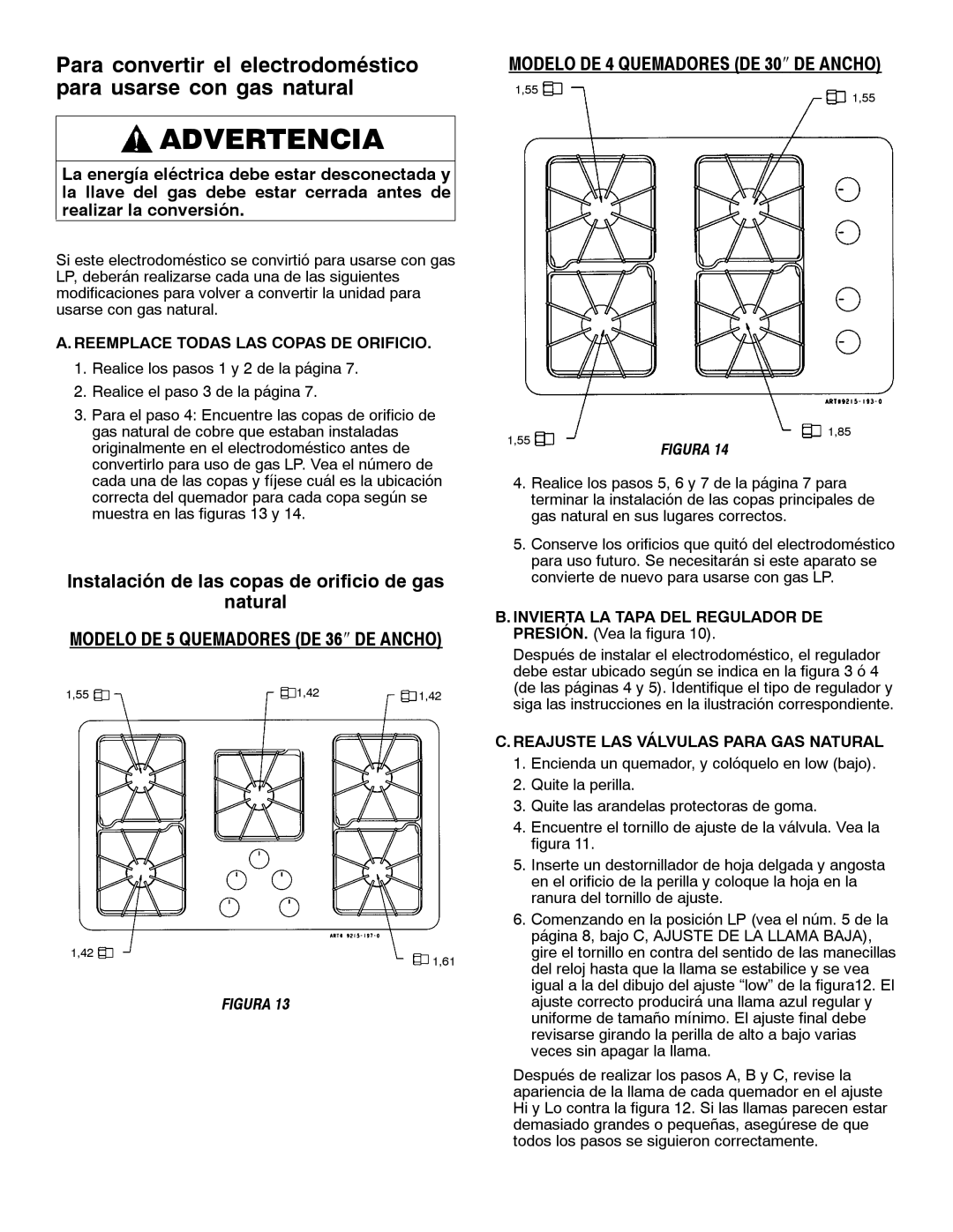 Magic Chef W10187822 Instalación de las copas de orificio de gas Natural, Reajuste LAS Válvulas Para GAS Natural 