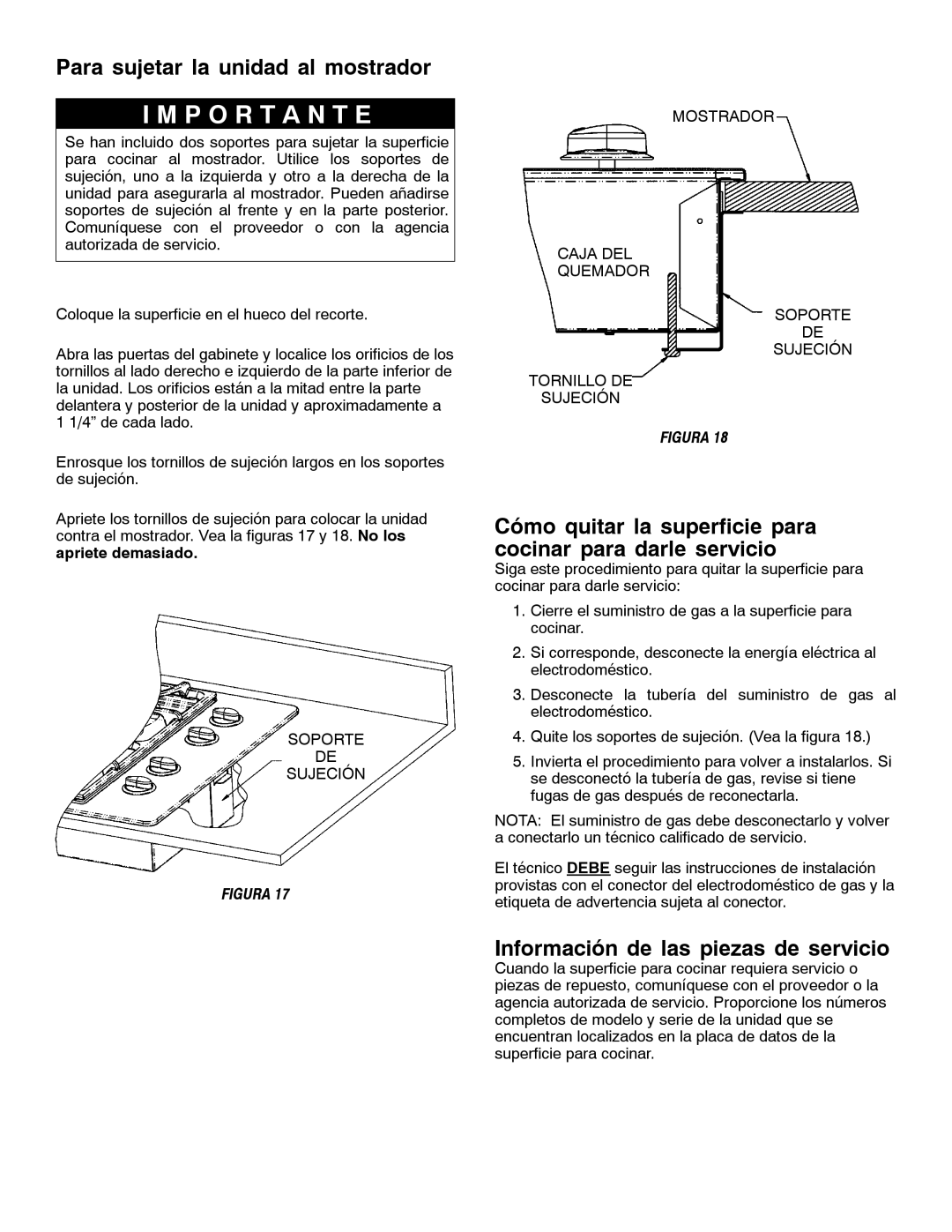 Magic Chef W10187822 Para sujetar la unidad al mostrador, Cómo quitar la superficie para cocinar para darle servicio 