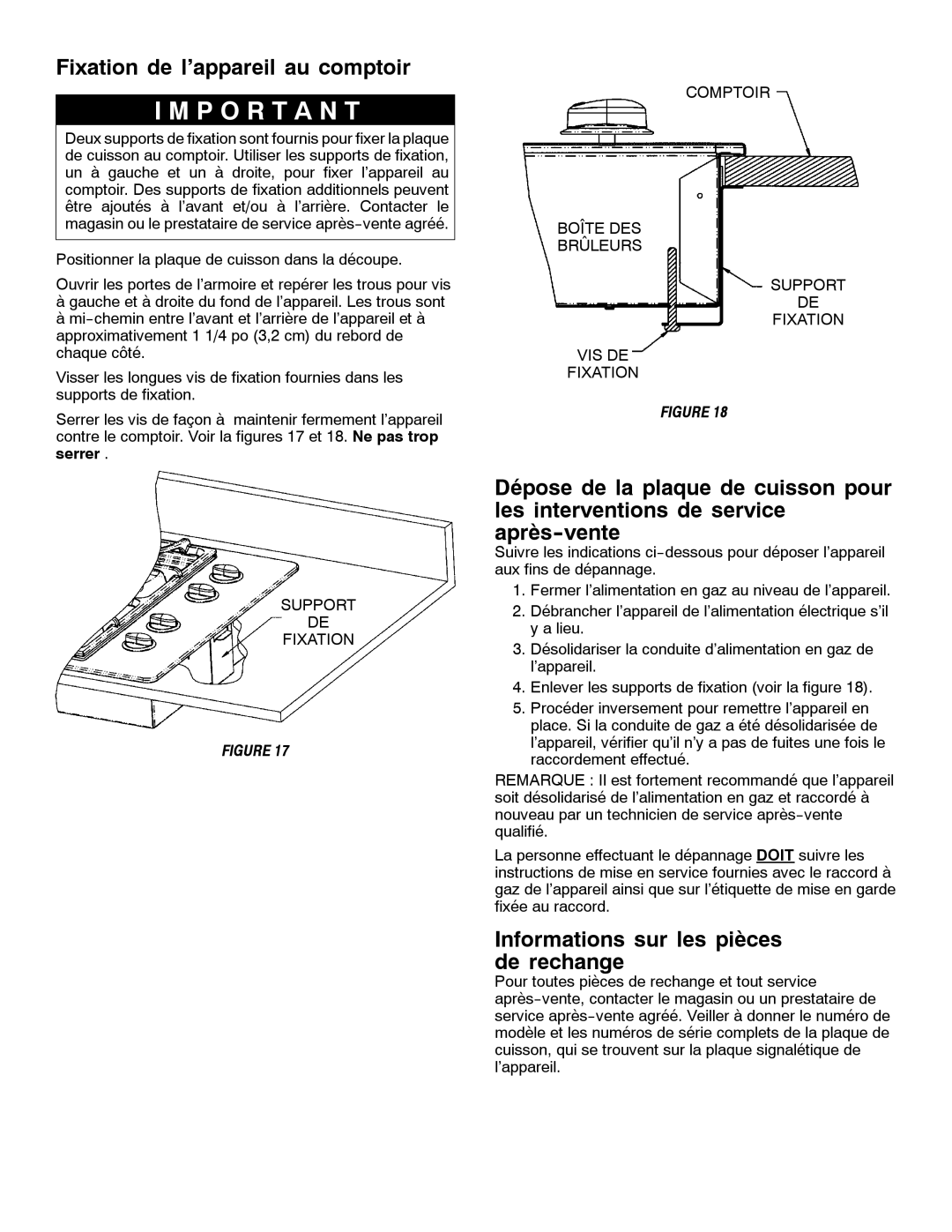 Magic Chef W10187822 installation manual Fixation de l’appareil au comptoir, Informations sur les pièces de rechange 