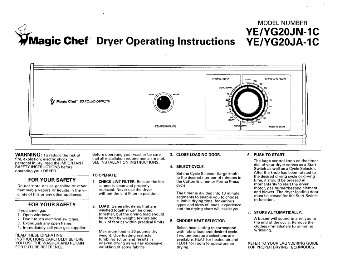 Magic Chef YE/YG20JA-1C, YE/YG20JN-1C manual =-= 