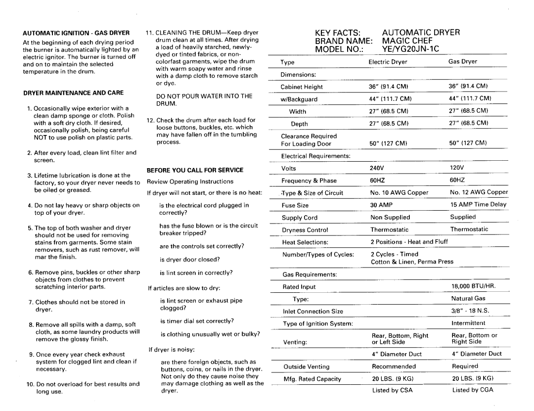 Magic Chef YE/YG20JA-1C, YE/YG20JN-1C manual Oo=oo 